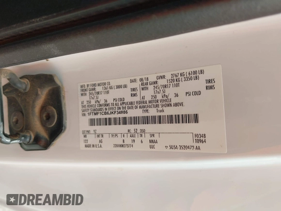 2018 Ford F-150 XL with VIN 1FTMF1CB6JKF34886, listed as a IAAI auction lot 42057393 with 129,936 mi miles and . Bid and sale history available at DreamBid. Image 9.