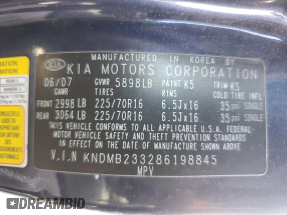 2008 Kia Sedona LX with VIN KNDMB233286198845, listed as a Copart auction lot 65081444 with 96,161 mi miles and Salvage Title. Bid and sale history available at carsss.com. Image 16.