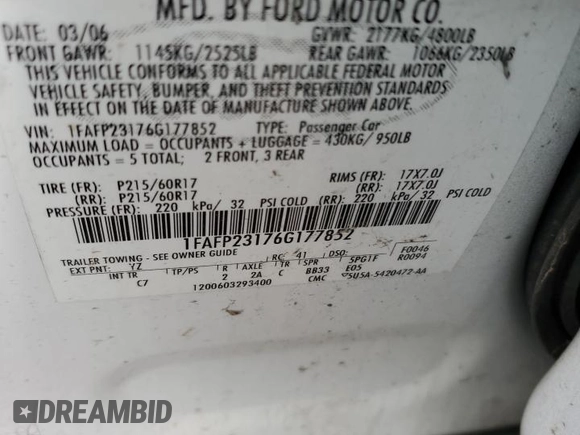 2006 Ford Five Hundred SE with VIN 1FAFP23176G177852, listed as a Copart auction lot 82514684 with 235,599 mi miles and Salvage Title. Bid and sale history available at carsss.com. Image 12.