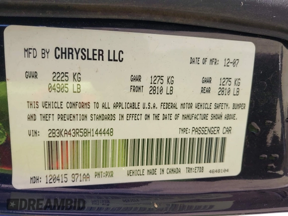 2008 Dodge Charger with VIN 2B3KA43R58H144448, listed as a IAAI auction lot 42015594 with 199,886 mi miles and . Bid and sale history available at carsss.com. Image 9.