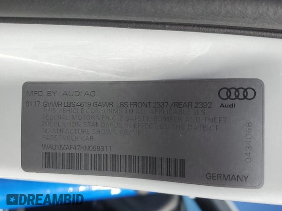 2017 Audi A4 Season of Audi ultra Premium with VIN WAUKMAF47HN058311, listed as a Copart auction lot 49705945 with 59,299 mi miles and Salvage Title. Bid and sale history available at carsss.com. Image 12.