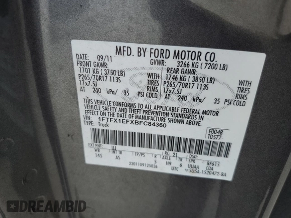 2011 Ford F-150 XL with VIN 1FTFX1EFXBFC84360, listed as a Copart auction lot 61750695 with Not provided miles and Salvage title. Bid and sale history available at DreamBid. Image 12.