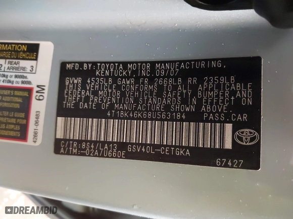 2008 Toyota Camry LE with VIN 4T1BK46K68U563184, listed as a IAAI auction lot 41437919 with 103,852 mi miles. Bid and sale history available at carsss.com. Image 9.