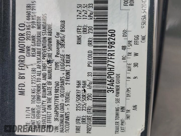 2015 Ford Fusion SE z VIN 3FA6P0H77FR198260, wystawiony jako Copart lot #59969135 z przebiegiem 91 356 mil mil oraz Szkoda całkowita • Salvage title. Historia ofert i sprzedaży dostępna na DreamBid. Obrazek 13.