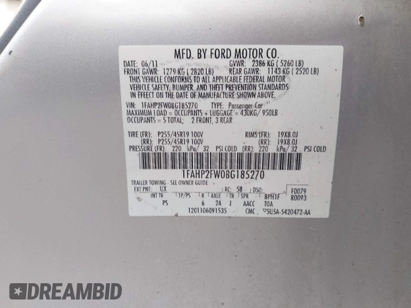 2011 Ford Taurus Limited with VIN 1FAHP2FW0BG185270, listed as a IAAI auction lot 41669460 with 173,484 mi miles and . Bid and sale history available at DreamBid. Image 9.