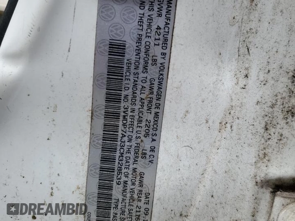 2012 Volkswagen Jetta SE with VIN 3VWDP7AJ3CM328539, listed as a Copart auction lot 62225475 with 145,159 mi miles and Salvage title. Bid and sale history available at DreamBid. Image 12.