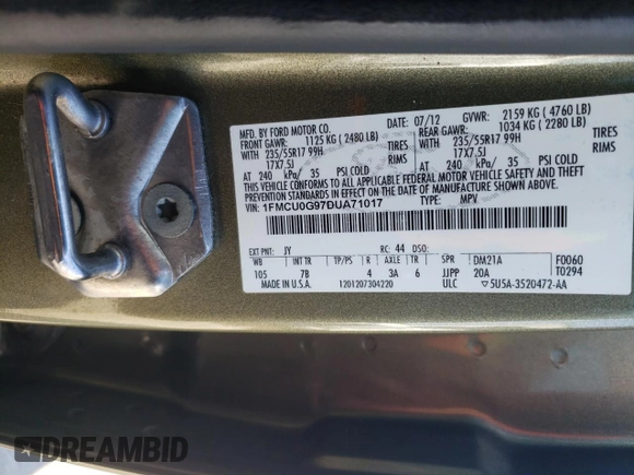 2013 Ford Escape SE with VIN 1FMCU0G97DUA71017, listed as a Copart auction lot 48805535 with 182,909 mi miles and Salvage Title. Bid and sale history available at DreamBid. Image 13.