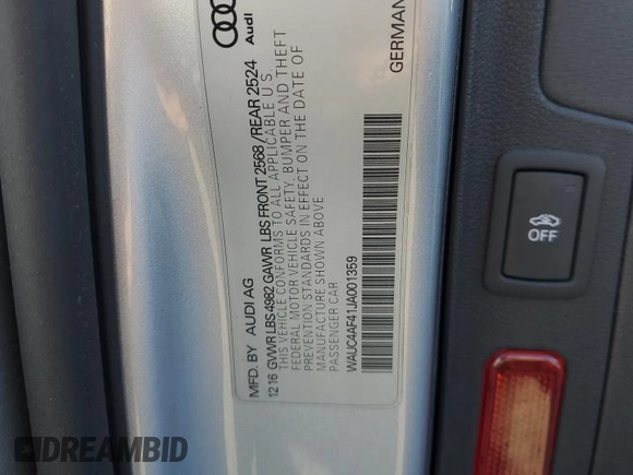 2018 Audi S4 Prestige with VIN WAUC4AF41JA001359, listed as a Copart auction lot 50052295 with 72,003 mi miles and Salvage Title. Bid and sale history available at carsss.com. Image 12.