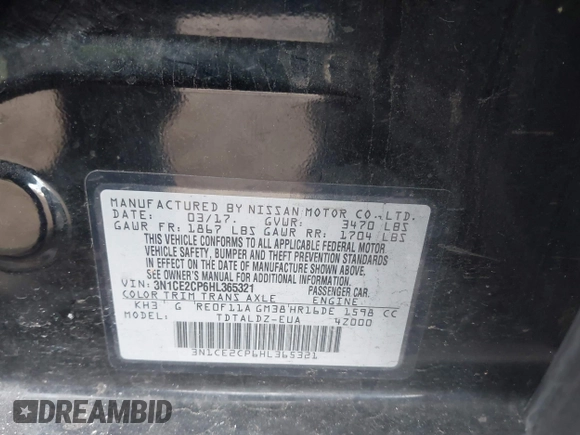 2017 Nissan Note S Plus with VIN 3N1CE2CP6HL365321, listed as a IAAI auction lot 40975823 with 65,771 mi miles and . Bid and sale history available at DreamBid. Image 9.