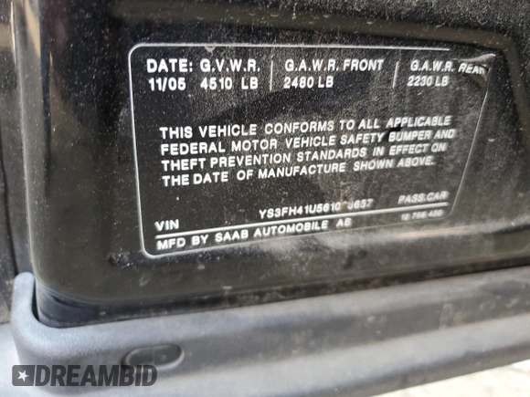 2006 Saab 9-3 Aero z VIN YS3FH41U561028657, wystawiony jako Copart lot #71569624 z przebiegiem 173 917 mil mil oraz Szkoda całkowita • Salvage title. Historia ofert i sprzedaży dostępna na DreamBid. Obrazek 12.