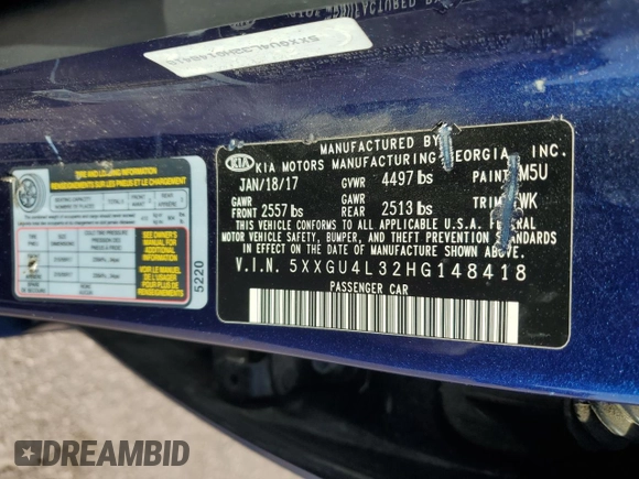 2017 Kia Optima EX with VIN 5XXGU4L32HG148418, listed as a Copart auction lot 54163215 with 99,850 mi miles and Salvage title. Bid and sale history available at DreamBid. Image 13.