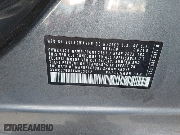 2019 Volkswagen Jetta S с VIN 3VWC57BU9KM053042, выставлен на аукционе IAAI как лот 42282260 с пробегом 41 208 миль миль и . История ставок и продаж доступна на DreamBid. Изображение 9.