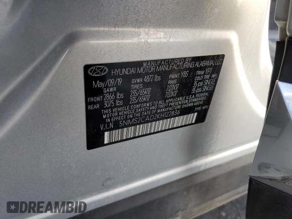 2019 Hyundai Santa Fe SE with VIN 5NMS2CAD2KH122836, listed as a Copart auction lot 68588232 with 76,345 mi miles. Bid and sale history available at carsss.com. Image 15.
