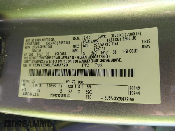 2020 Ford F-150 XL with VIN 1FTEW1E56LFA63720, listed as a IAAI auction lot 42232847 with 133,416 mi miles and . Bid and sale history available at DreamBid. Image 9.