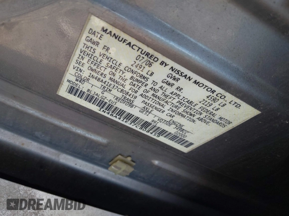 2007 Nissan Maxima SE with VIN 1N4BA41E37C808459, listed as a IAAI auction lot 42257920 with Not provided miles and . Bid and sale history available at DreamBid. Image 9.