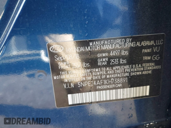 2019 Hyundai Sonata SE with VIN 5NPE24AF1KH738891, listed as a IAAI auction lot 41416528 with 71,250 mi miles and . Bid and sale history available at carsss.com. Image 9.