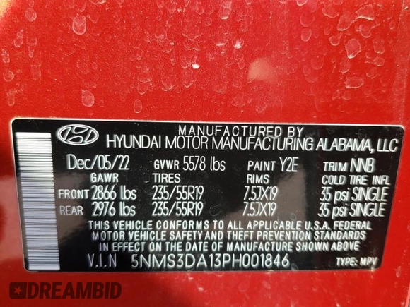2023 Hyundai Santa Fe Hybrid SEL Premium with VIN 5NMS3DA13PH001846, listed as a Copart auction lot 67312624 with 21,196 mi miles and Salvage Title. Bid and sale history available at carsss.com. Image 14.