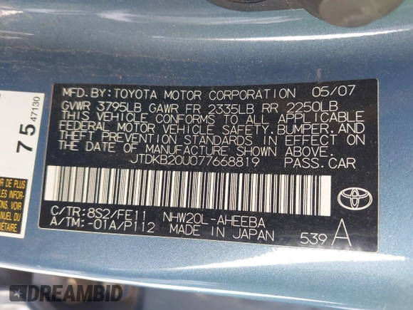 2007 Toyota Prius z VIN JTDKB20U077668819, wystawiony jako IAAI lot #42179765 z przebiegiem 178 388 mil mil oraz . Historia ofert i sprzedaży dostępna na DreamBid. Obrazek 9.