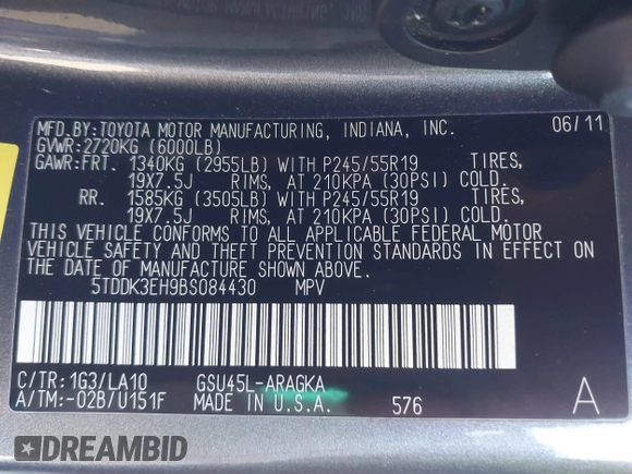 2011 Toyota Highlander Limited with VIN 5TDDK3EH9BS084430, listed as a IAAI auction lot 41821326 with 162,346 mi miles and . Bid and sale history available at DreamBid. Image 9.