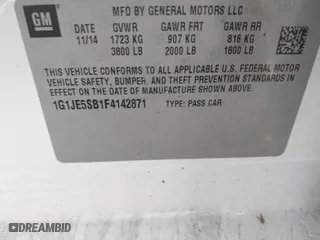 2015 Chevrolet Sonic LTZ with VIN 1G1JE5SB1F4142871, listed as a IAAI auction lot 41738375 with NaN miles. Bid and sale history available at carsss.com. Image 9.