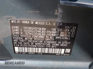 2024 Honda HR-V LX with VIN 3CZRZ1H30RM750097, listed as a IAAI auction lot 41864237 with 26,380 mi miles and . Bid and sale history available at DreamBid. Image 9.