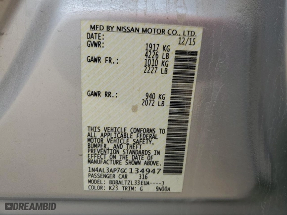 2016 Nissan Altima 2.5 SV with VIN 1N4AL3AP7GC134947, listed as a Copart auction lot 53657415 with 101,803 mi miles and Salvage Title. Bid and sale history available at carsss.com. Image 12.