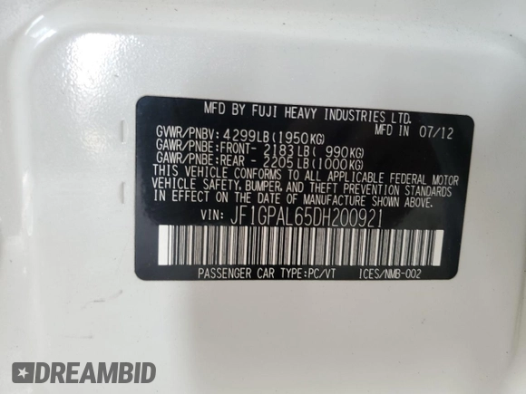 2013 Subaru Impreza Special Sports Premium with VIN JF1GPAL65DH200921, listed as a Copart auction lot 60125315 with 104,856 mi miles and Salvage title. Bid and sale history available at DreamBid. Image 13.
