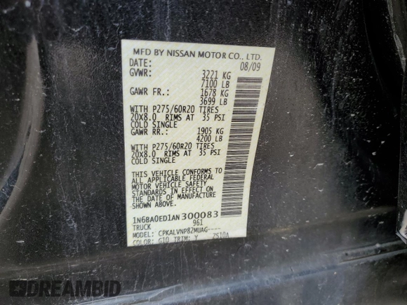 2010 Nissan Titan SE with VIN 1N6BA0ED1AN300083, listed as a Copart auction lot 44336155 with 204,382 mi miles and Salvage Title. Bid and sale history available at DreamBid. Image 12.