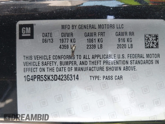 2013 Buick Verano Convenience Group with VIN 1G4PR5SK3D4236314, listed as a IAAI auction lot 41886470 with 128,611 mi miles and . Bid and sale history available at DreamBid. Image 9.