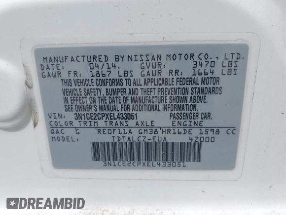 2014 Nissan Note SV with VIN 3N1CE2CPXEL433051, listed as a IAAI auction lot 42040377 with 130,325 mi miles and . Bid and sale history available at DreamBid. Image 9.