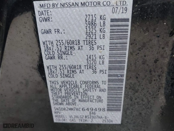 2019 Nissan Pathfinder S with VIN 5N1DR2MM7KC649498, listed as a IAAI auction lot 41461513 with NaN miles. Bid and sale history available at carsss.com. Image 9.