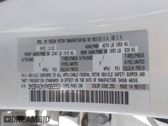 2023 Mazda 3 S Carbon Edition with VIN 3MZBPACM1PM356552, listed as a IAAI auction lot 42603574 with 20,092 mi miles and . Bid and sale history available at DreamBid. Image 9.