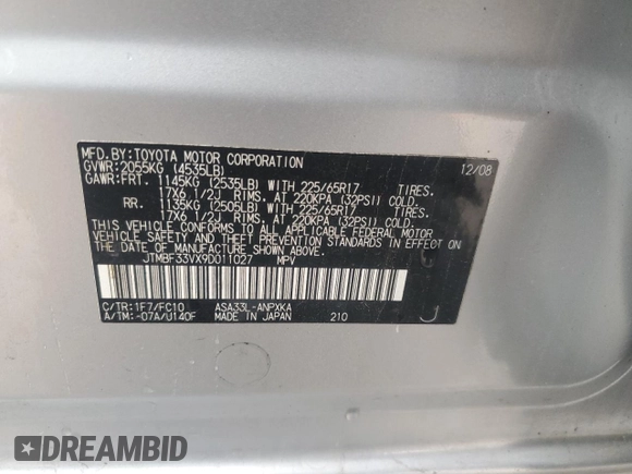 2009 Toyota RAV4 with VIN JTMBF33VX9D011027, listed as a Copart auction lot 73216254 with 82,804 mi miles and Clean Title. Bid and sale history available at carsss.com. Image 13.
