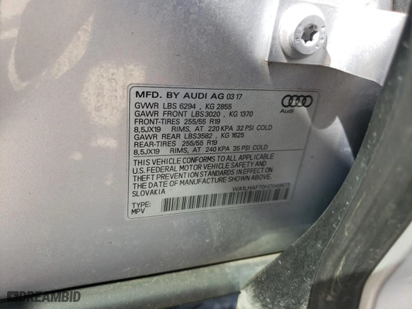 2017 Audi Q7 Premium Plus with VIN WA1LHAF70HD049973, listed as a Copart auction lot 66101904 with 0 miles and Salvage Title. Bid and sale history available at carsss.com. Image 12.