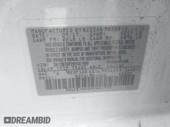 2017 Nissan Sentra SR Turbo with VIN 3N1CB7AP2HY401999, listed as a IAAI auction lot 41775601 with 108,162 mi miles and . Bid and sale history available at DreamBid. Image 9.