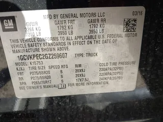 2016 Chevrolet Silverado 1500 Custom with VIN 1GCVKPEC2GZ259607, listed as a IAAI auction lot 41762877 with 105,944 mi miles. Bid and sale history available at carsss.com. Image 9.