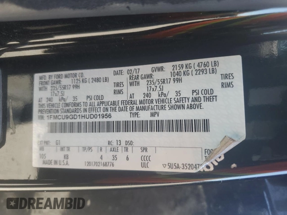 2017 Ford Escape SE with VIN 1FMCU9GD1HUD01956, listed as a Copart auction lot 53756995 with 132,809 mi miles and Clean Title. Bid and sale history available at DreamBid. Image 13.