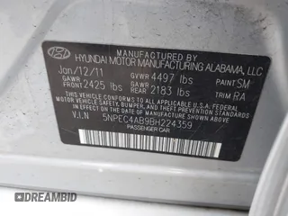 2011 Hyundai Sonata Limited with VIN 5NPEC4AB9BH224359, listed as a IAAI auction lot 41612964 with 159,679 mi miles and . Bid and sale history available at DreamBid. Image 9.
