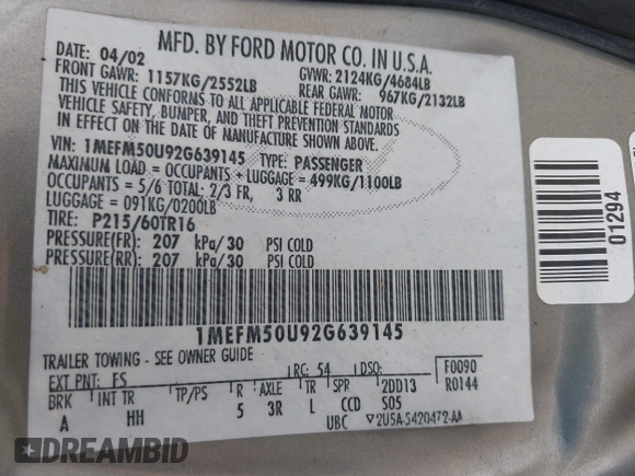 2002 Mercury Sable GS z VIN 1MEFM50U92G639145, wystawiony jako IAAI lot #42373493 z przebiegiem 193 318 mil mil oraz . Historia ofert i sprzedaży dostępna na DreamBid. Obrazek 9.
