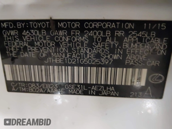 2016 Lexus IS 350 with VIN JTHBE1D21G5025397, listed as a IAAI auction lot 41607880 with 123,087 mi miles and . Bid and sale history available at DreamBid. Image 9.
