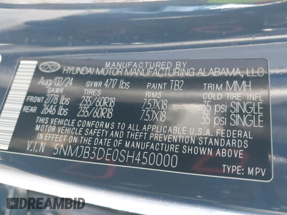 2025 Hyundai Tucson SEL with VIN 5NMJB3DE0SH450000, listed as a IAAI auction lot 41617283 with 6,920 mi miles. Bid and sale history available at carsss.com. Image 9.