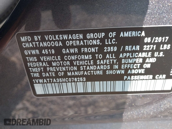2017 Volkswagen Passat S with VIN 1VWAT7A35HC076253, listed as a IAAI auction lot 42594657 with 121,103 mi miles and . Bid and sale history available at DreamBid. Image 9.