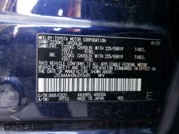 2022 Toyota Venza LE with VIN JTEAAAAH3NJ093685, listed as a Copart auction lot 70657454 with 40,921 mi miles and Salvage Title. Bid and sale history available at carsss.com. Image 13.
