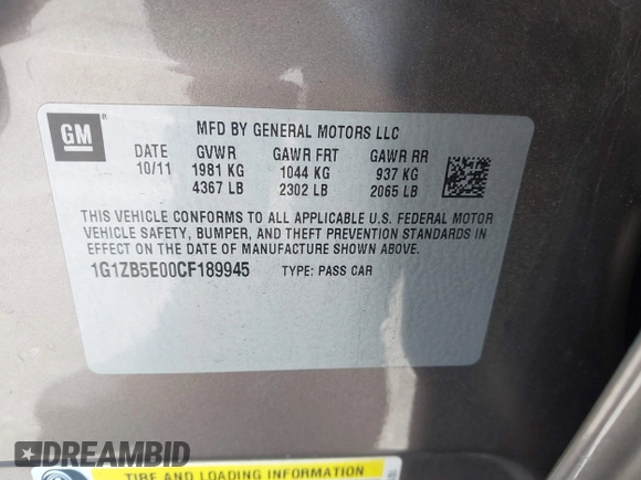 2012 Chevrolet Malibu 1LS with VIN 1G1ZB5E00CF189945, listed as a IAAI auction lot 42096499 with 121,370 mi miles and . Bid and sale history available at DreamBid. Image 9.