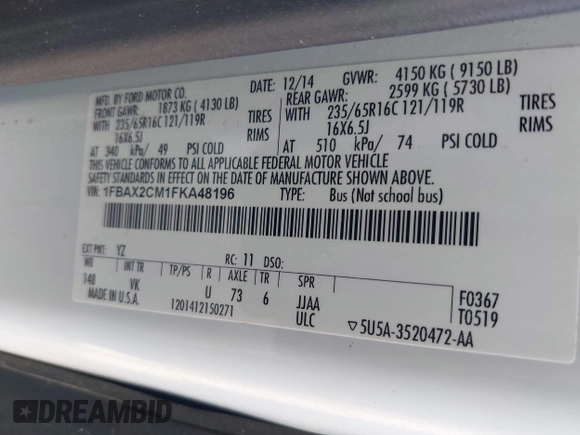 2015 Ford Transit XL z VIN 1FBAX2CM1FKA48196, wystawiony jako IAAI lot #42170753 z przebiegiem Nie podano mil oraz . Historia ofert i sprzedaży dostępna na DreamBid. Obrazek 9.