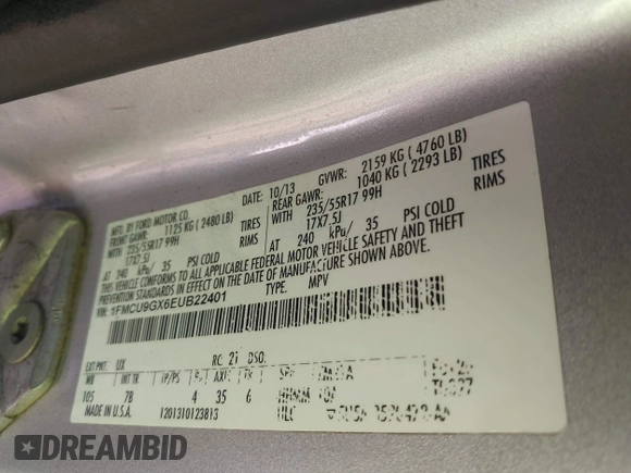 2014 Ford Escape SE with VIN 1FMCU9GX6EUB22401, listed as a IAAI auction lot 42038712 with Not Provided miles and . Bid and sale history available at carsss.com. Image 9.
