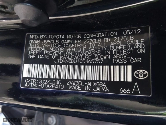 2012 Toyota Prius One with VIN JTDKN3DU1C5465757, listed as a IAAI auction lot 41467815 with NaN miles. Bid and sale history available at carsss.com. Image 9.