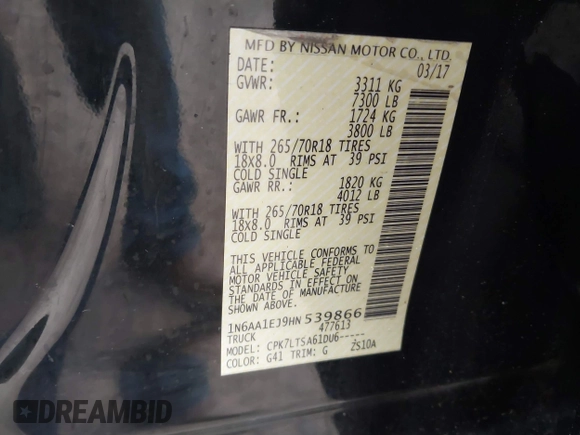 2017 Nissan Titan SV with VIN 1N6AA1EJ9HN539866, listed as a IAAI auction lot 41875425 with 78,159 mi miles and . Bid and sale history available at DreamBid. Image 9.