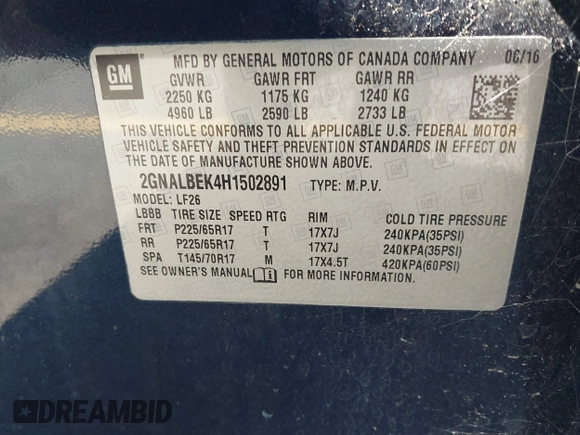 2017 Chevrolet Equinox LS with VIN 2GNALBEK4H1502891, listed as a IAAI auction lot 41694831 with 122,188 mi miles and . Bid and sale history available at DreamBid. Image 9.