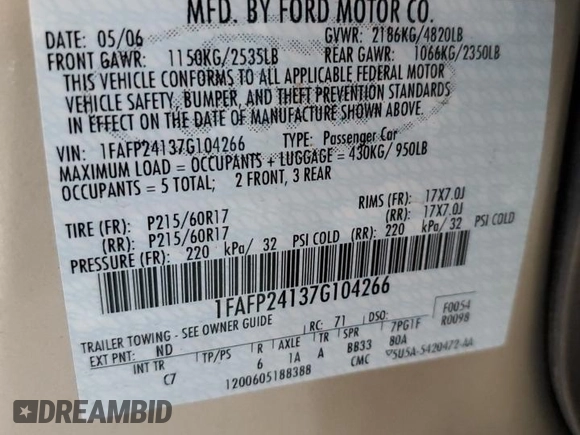 2007 Ford Five Hundred SEL with VIN 1FAFP24137G104266, listed as a Copart auction lot 76404334 with 156,092 mi miles and Salvage Title. Bid and sale history available at carsss.com. Image 12.